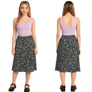 LAURA ASHLEY Silk Floral Skirt Size 10 Black Purple Blue Midi Lined Y2K Fairy